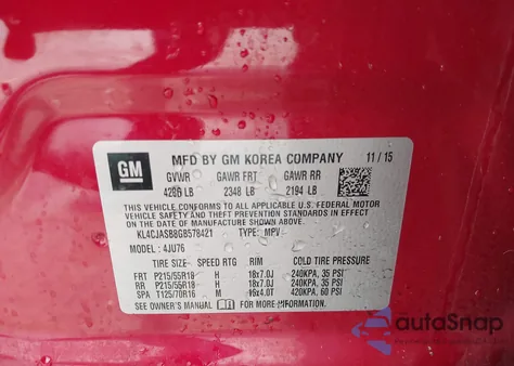 2016 Buick Encore из США, поврежденный, VIN KL4CJASB8GB578421